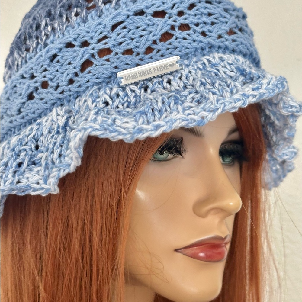 Hand Knits 2 Love Cotton Brim Hat Flower Lace Ombre Blues Designer Feminine